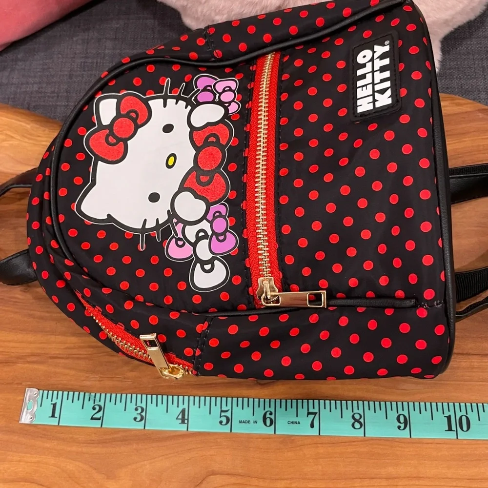 HELLO KITTY Sanrio Mini Backpack with Zipped Front Pocket Black Red Polka Dots - Picture 14 of 15